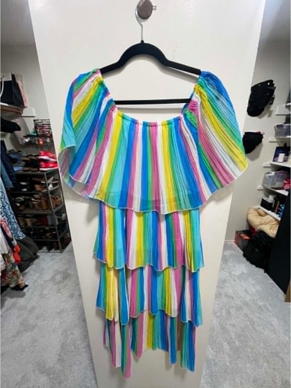 LIKE NEW Sz L Rainbow Stripe Off-Shoulder Tiered Ruffle Pleated Chiffon - Picture 7 of 7